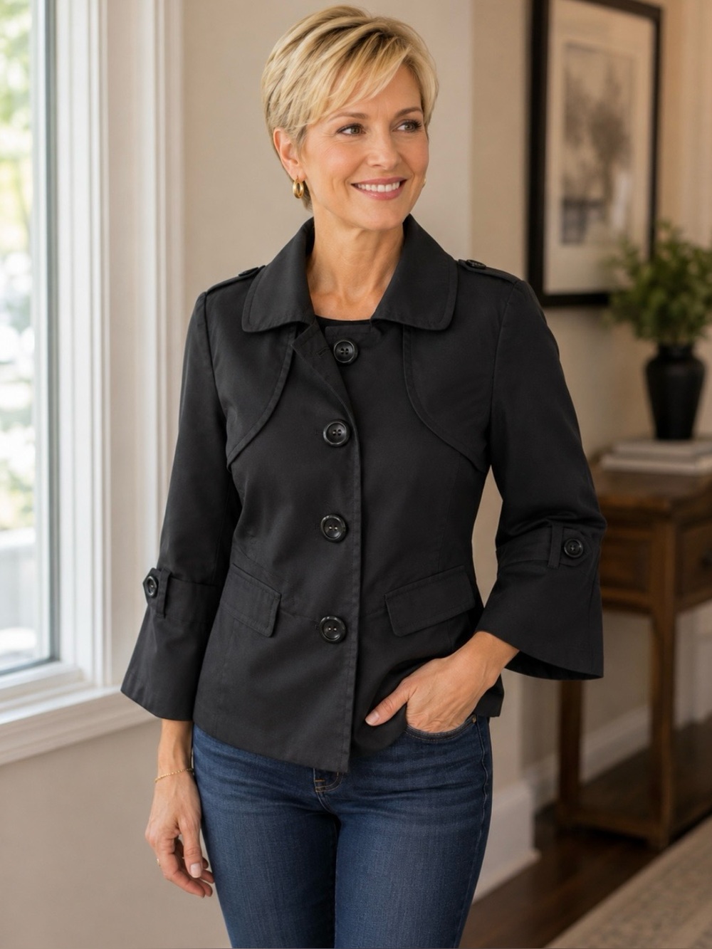 Rafaella Black 3/4 Sleeve Blazer Jacket Chic Button Front Tailored Career